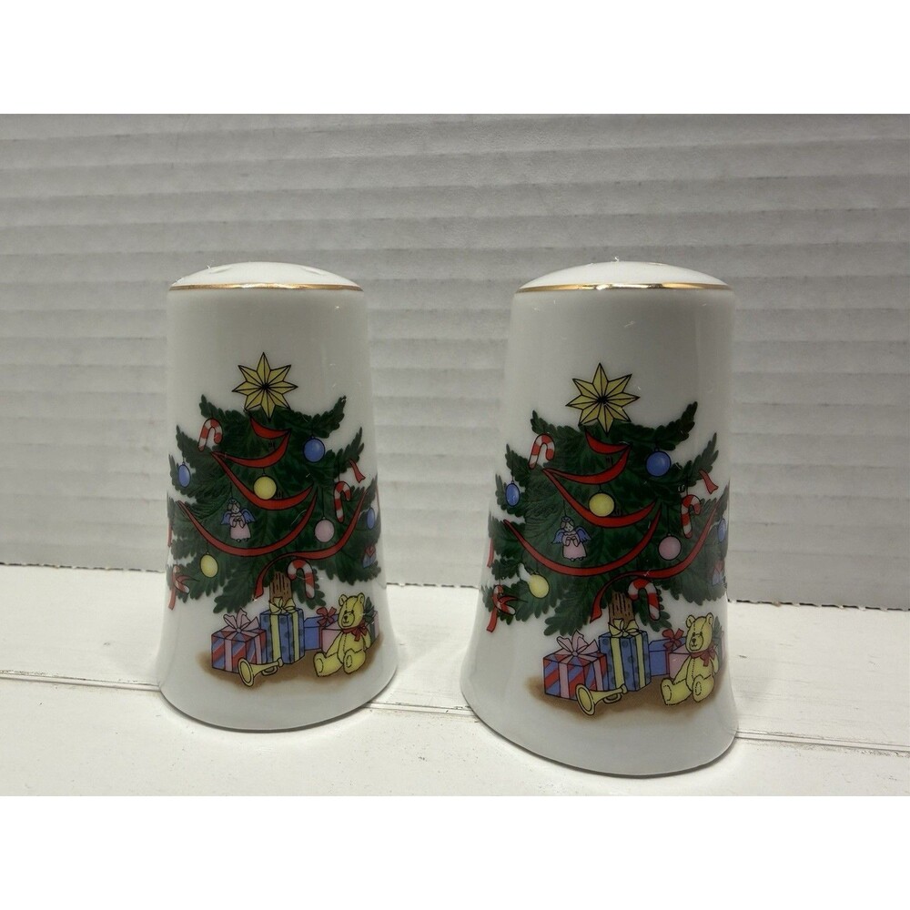 Vintage Christmas Salt and Pepper Shakers with Gold Trim Made in Japan